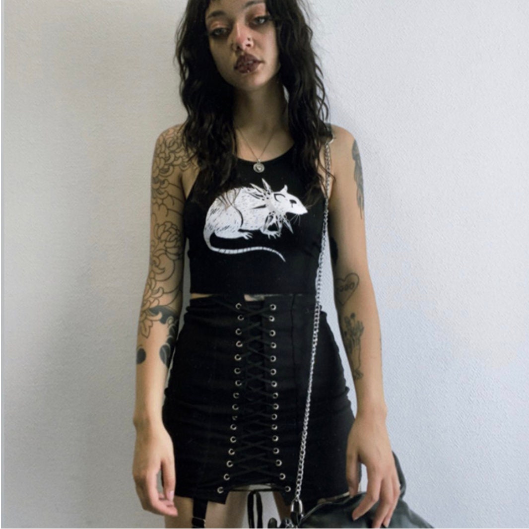 Gothic tops punk rat Grunge Mouse Print Black Tank Goth Sexy Bodycon Cropped Tops Women Streetwear Harajuku O Neck Knitted Basic Tank Top # 273