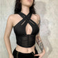 Goth bimbo sexy black top gothic goth alt Crop Top Women Mesh Ruched Skiny Tank Tops Club Party Vest Cut Out Criss-Cross Transparent Gothic