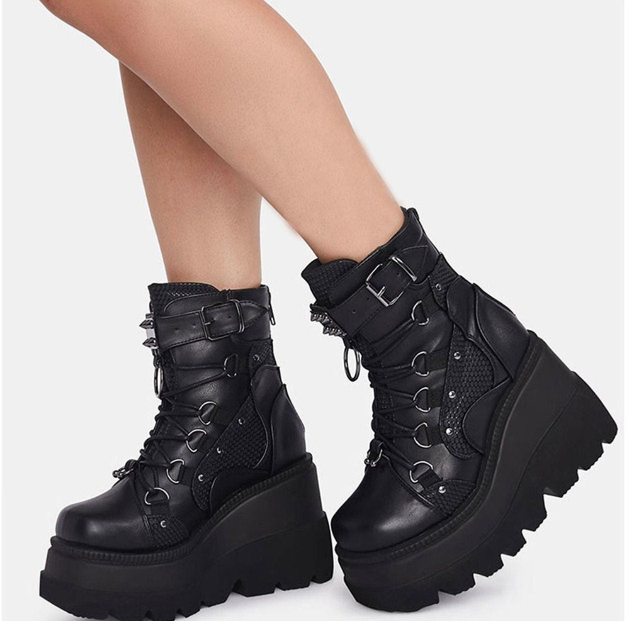 Large big chunky platforms goth shoe Punk Halloween Witch Cosplay Platform High Wedges Heels Black Gothic Calf Boots Women Shoes Big Size 43 # 34