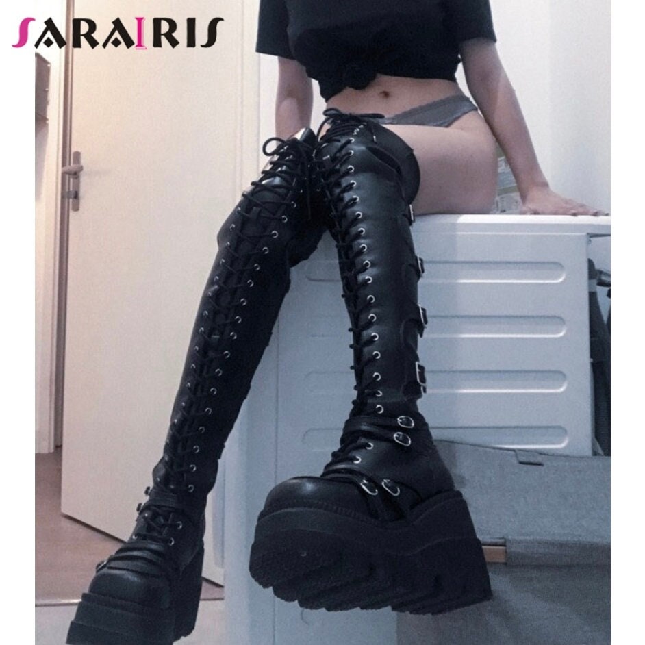 Platform boots emo goth platforms Gothic Punk Women Thigh Boots Wedges High Heels Platform Over The Knee Boots Female lace up Cosplay Autumn# 20