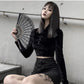 Alt goth Vintage Dark Gothic Chinese Style Velvet long sleeve top Women Harajuku gothic black Punk Mall Goth Long Sleeve Slim Crop Tee Tops # 280