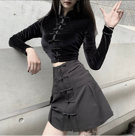 Alt goth Vintage Dark Gothic Chinese Style Velvet long sleeve top Women Harajuku gothic black Punk Mall Goth Long Sleeve Slim Crop Tee Tops # 280