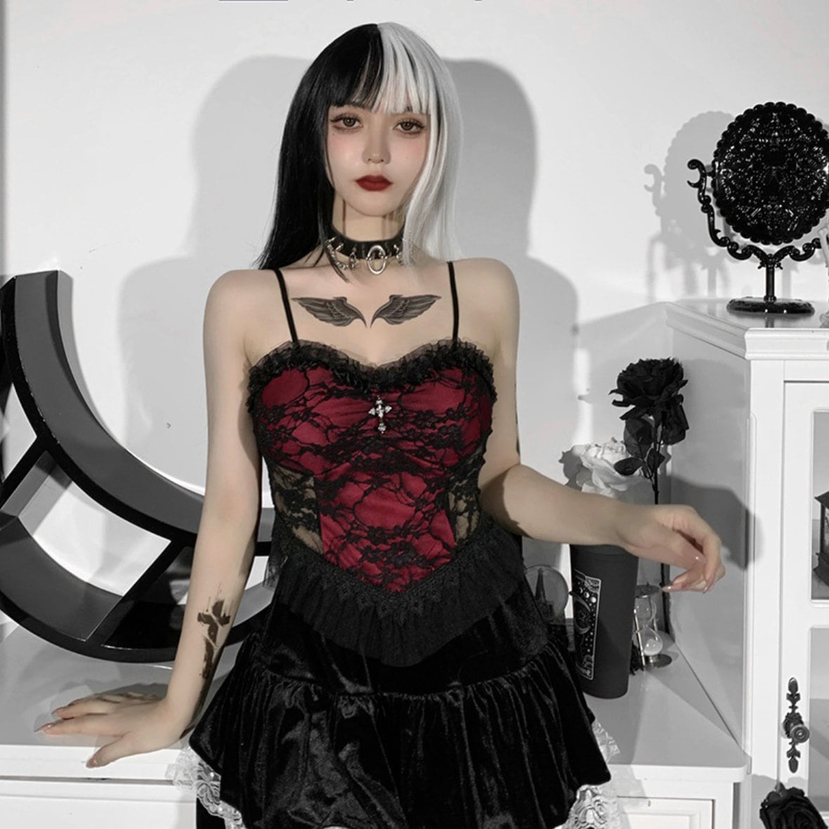 Gothic goth top vampire Velvet Black Lace Trim Emo Alternative Aesthetic Crop Tops Y2K Mall Goth Crop Tops Backless Sexy Strap Tanks gothic # 281