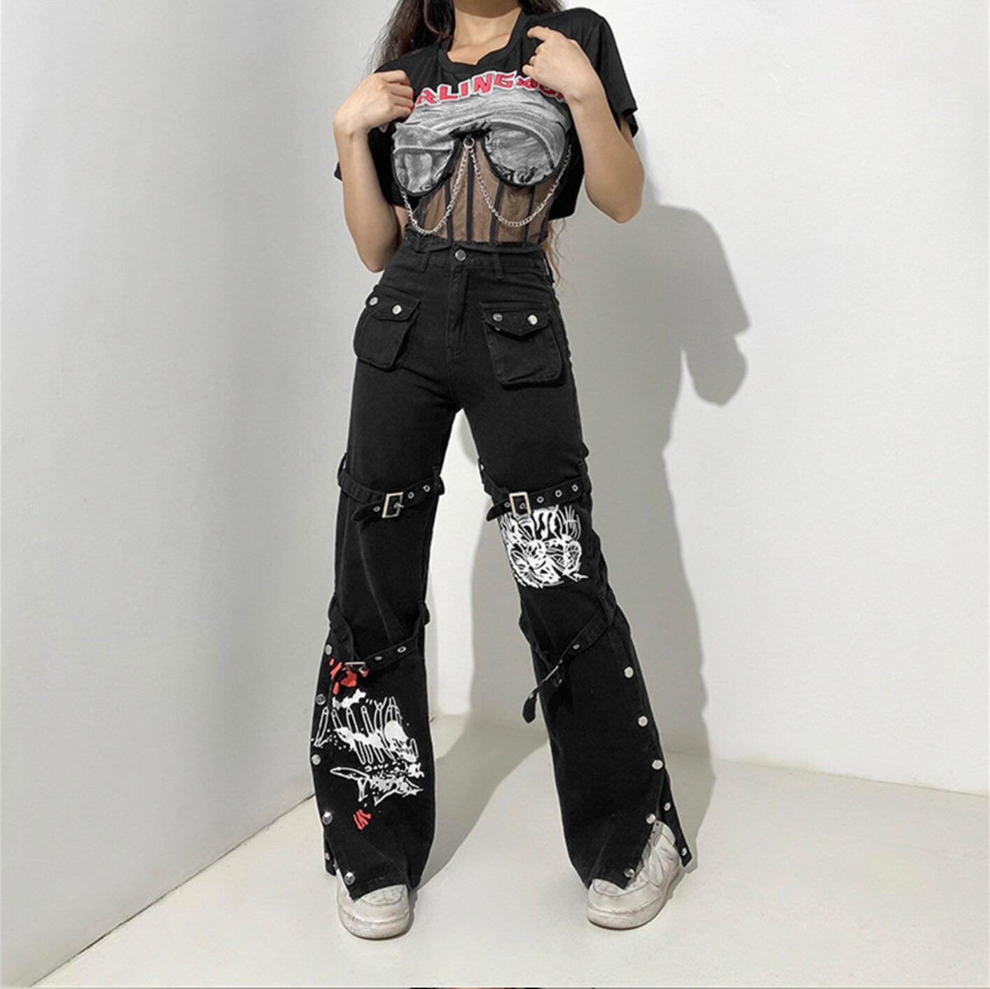 Womens Gothic Emo Alt Cargo Pants skater edgy alt Baggy Jeans mall goth Goth Punk Black Denim Trousers Cyber Y2k Pants Academic Dark Clothes # 201