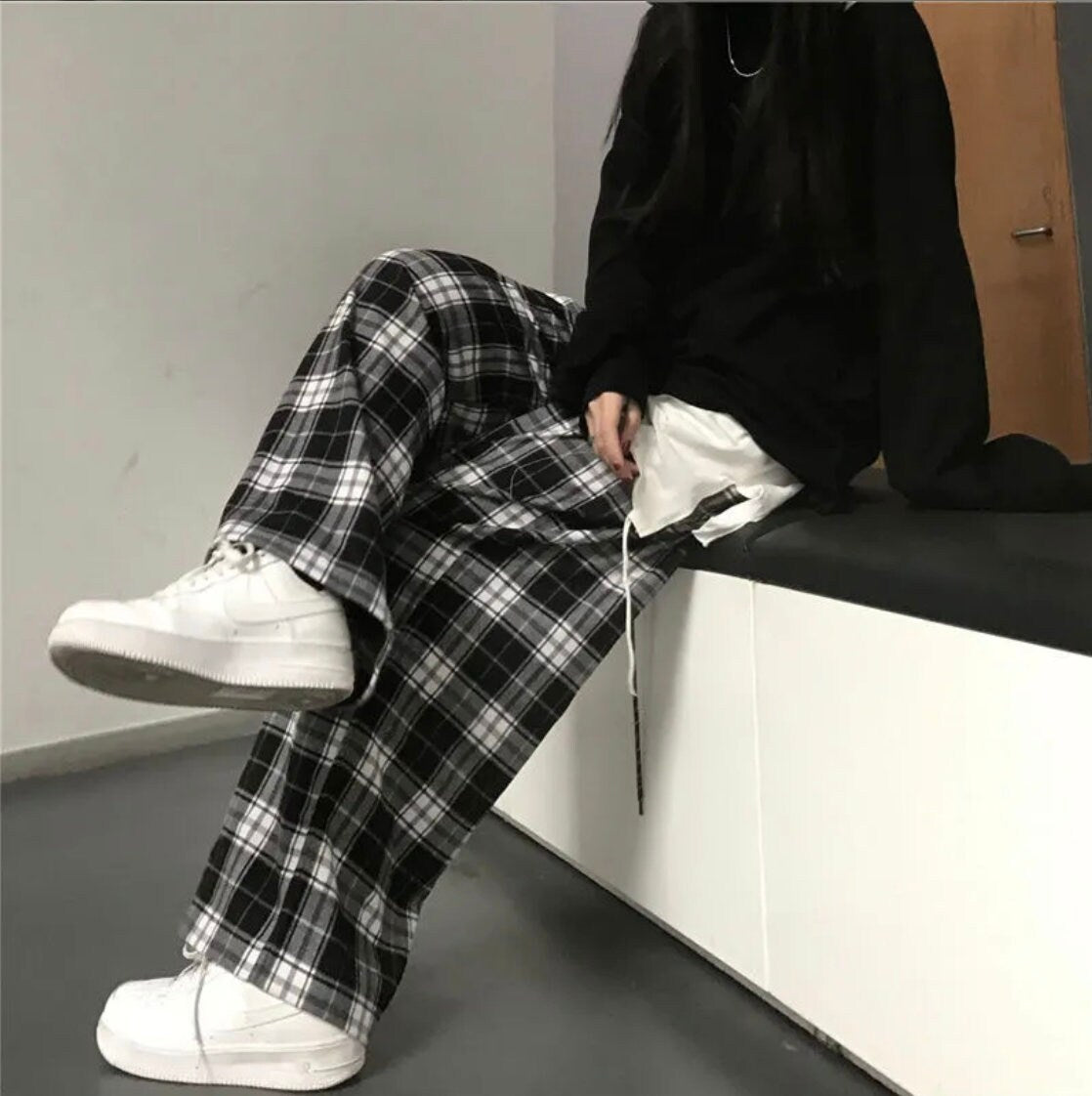 Gothic goth Black and White Plaid pants Oversize New Women Casual Loose Wide Leg Trousers Ins Retro Teen Straight Trousers Hiphop Streetwear # 189