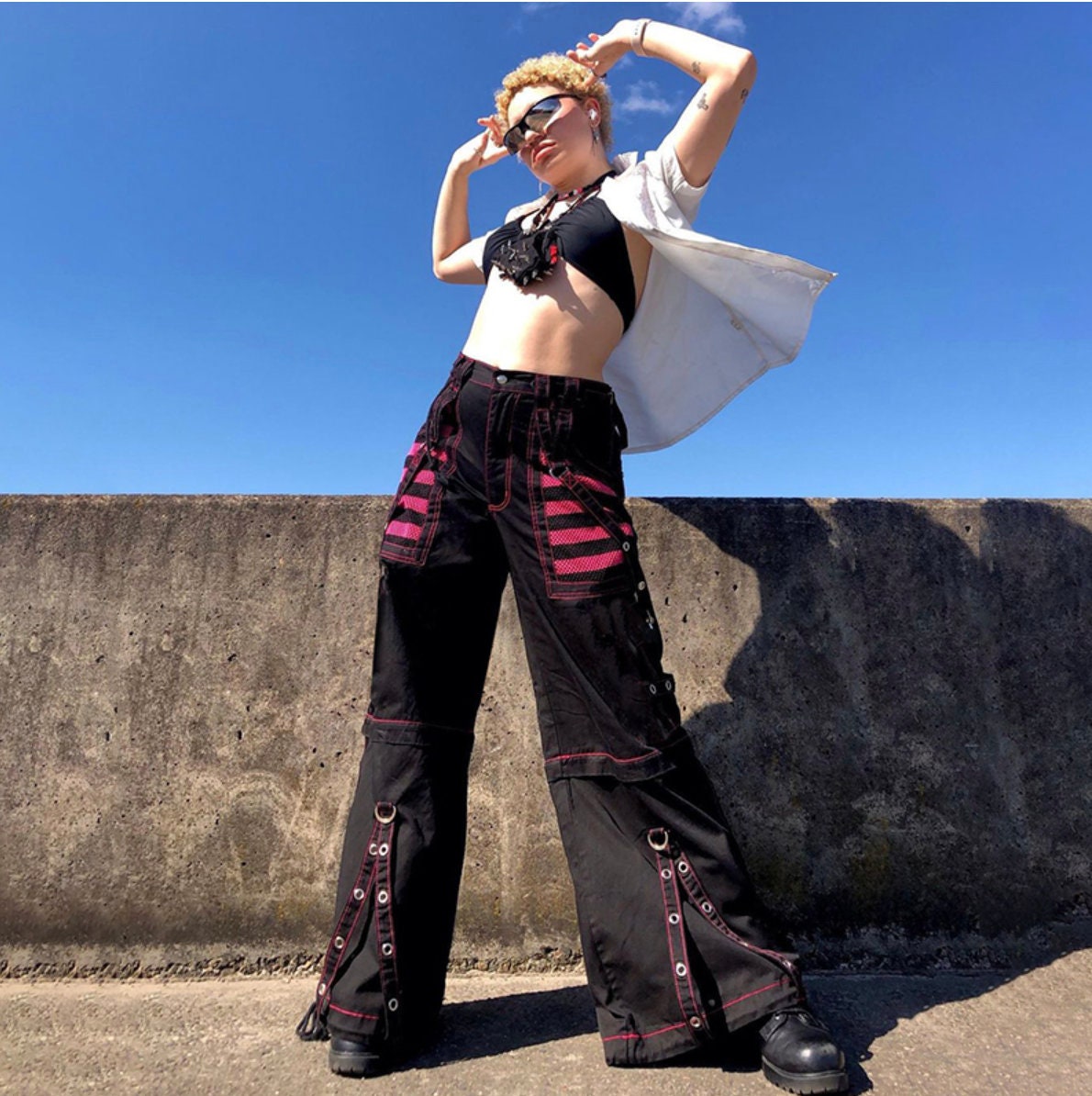 Gothic Chain Bandage goth clothing punk alt edgy mall goth Wide leg Pants Women Oversize Low Rise Dark Trousers 90s Baggy Pant Punk Style # 202