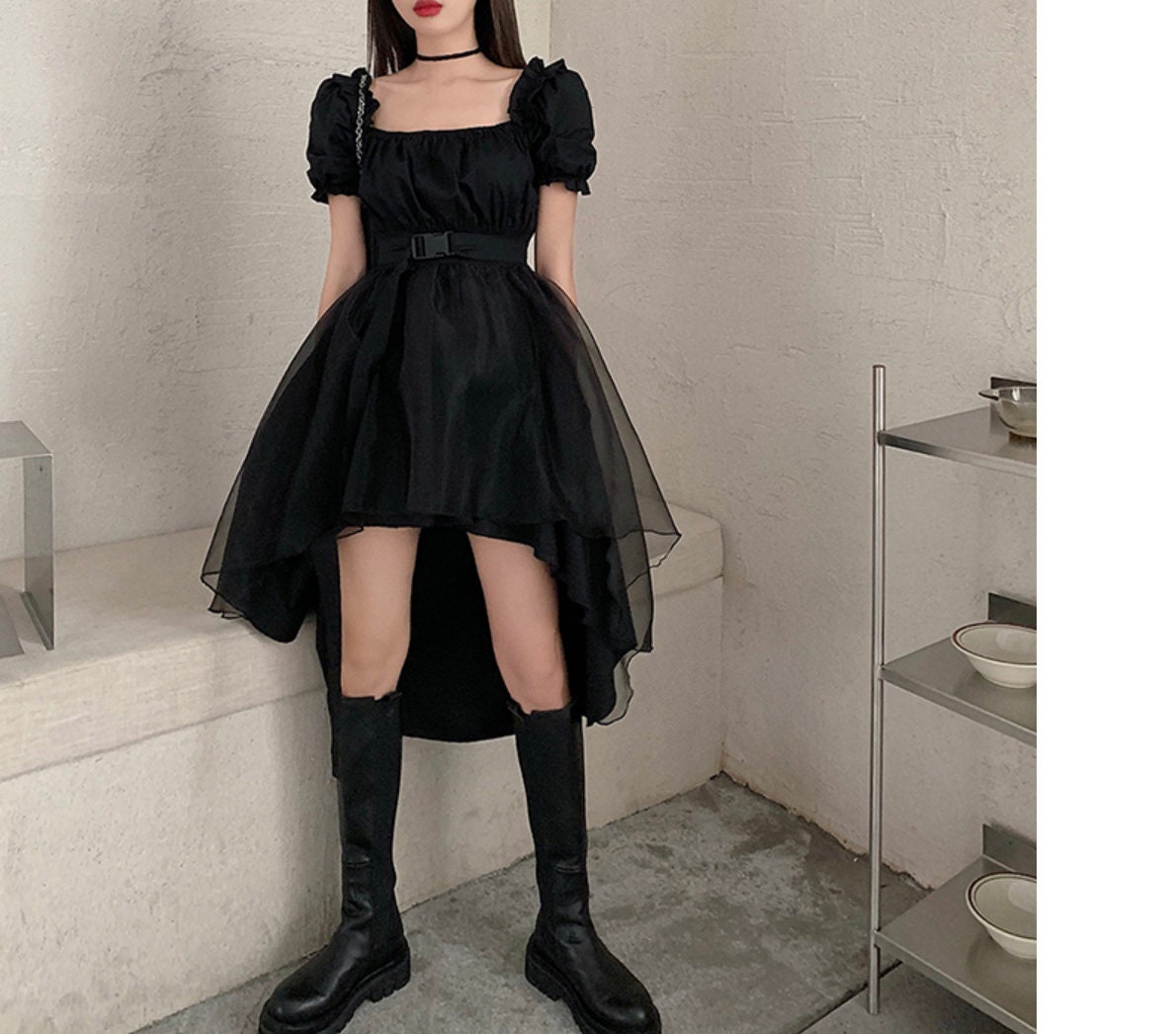 Goth lolita gothic dress goth dress goth clothing Harajuku Y2k Cyber Alt Dress E Girl Ruffle Fairycore Black Emo Mini Lolita cupcake dress # 94