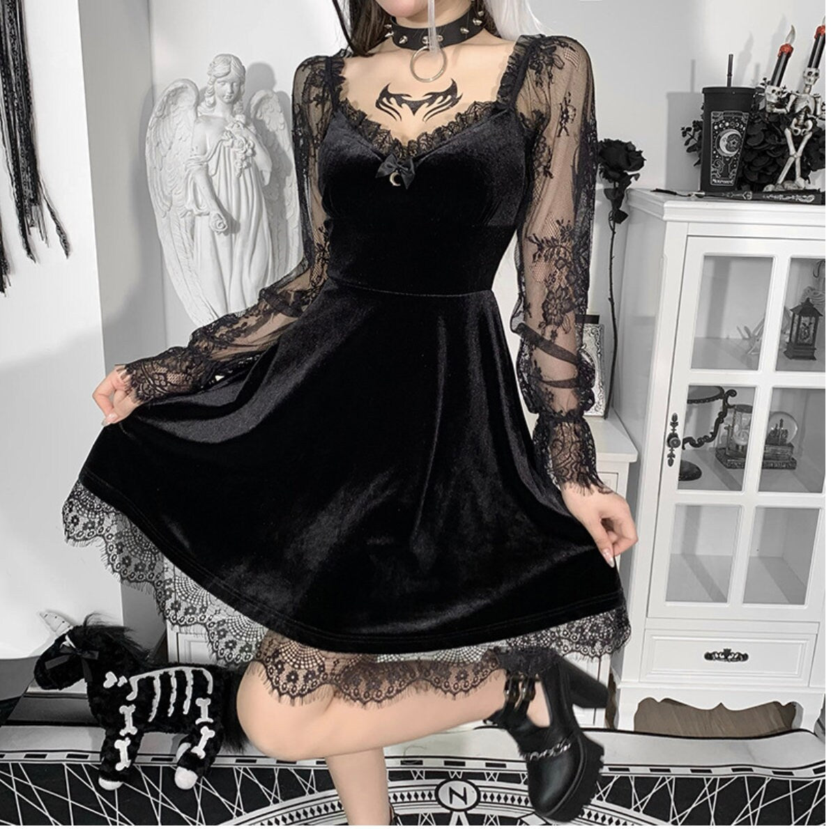Goth dress gothic dress gothic clothing E-girl Grunge Gothic Black Mini Dress Lace Trim High Waist 90s Vintage Punk Harajuku Lolita Clothes # 96