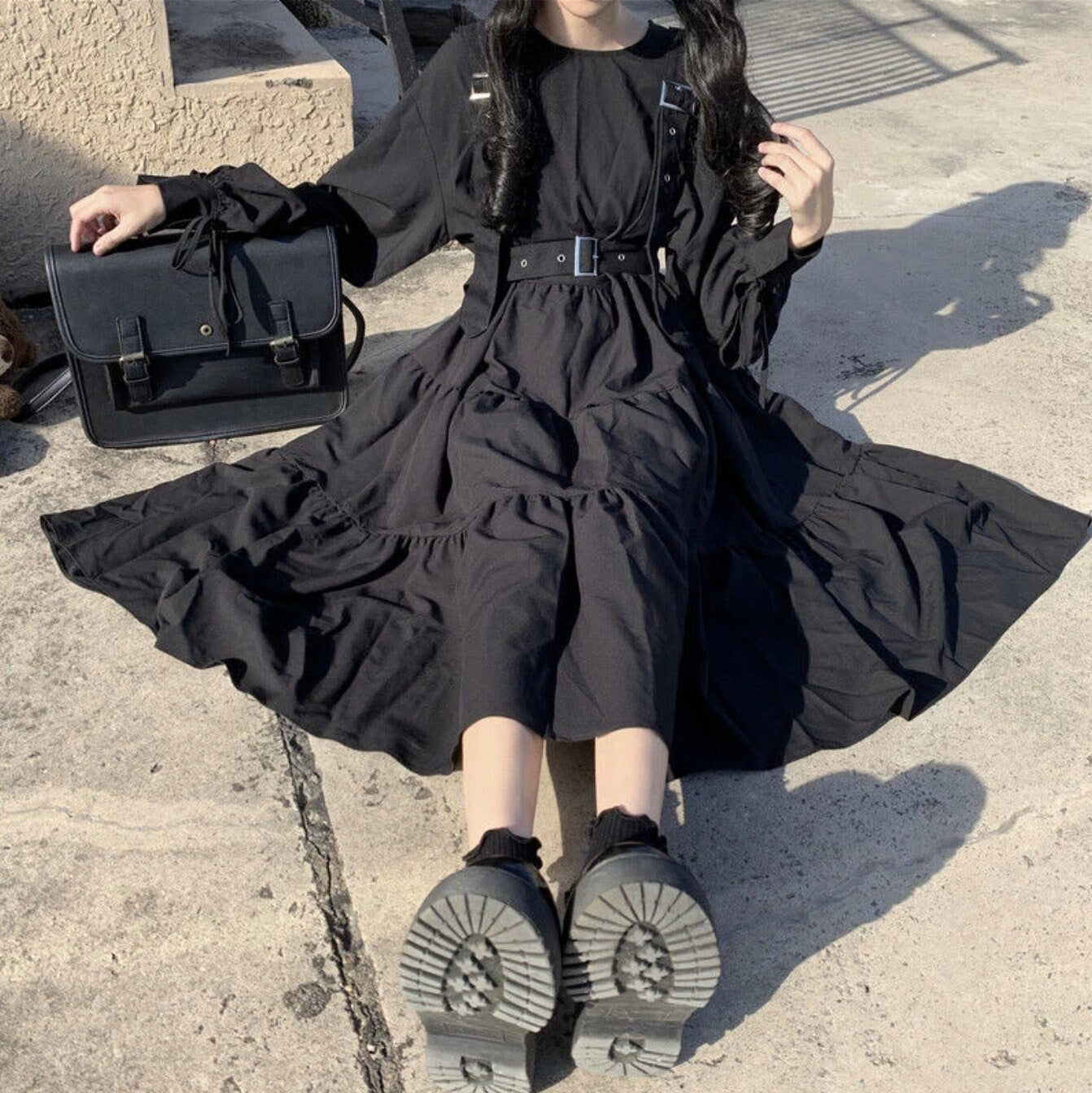 Gothic lolita goth clothing Harajuku Women Black Dress Gothic Style Suspenders Bandage Dress Vintage Ruffles Long Baggy Cosplay Costumec # 98