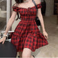 Goth gothic flannel Red Plaid Dress Women Summer Backless Grunge Puff Sleeve Sundress Gothic Bandage Mini Dresses Sexy Vintage Streetwear  # 99