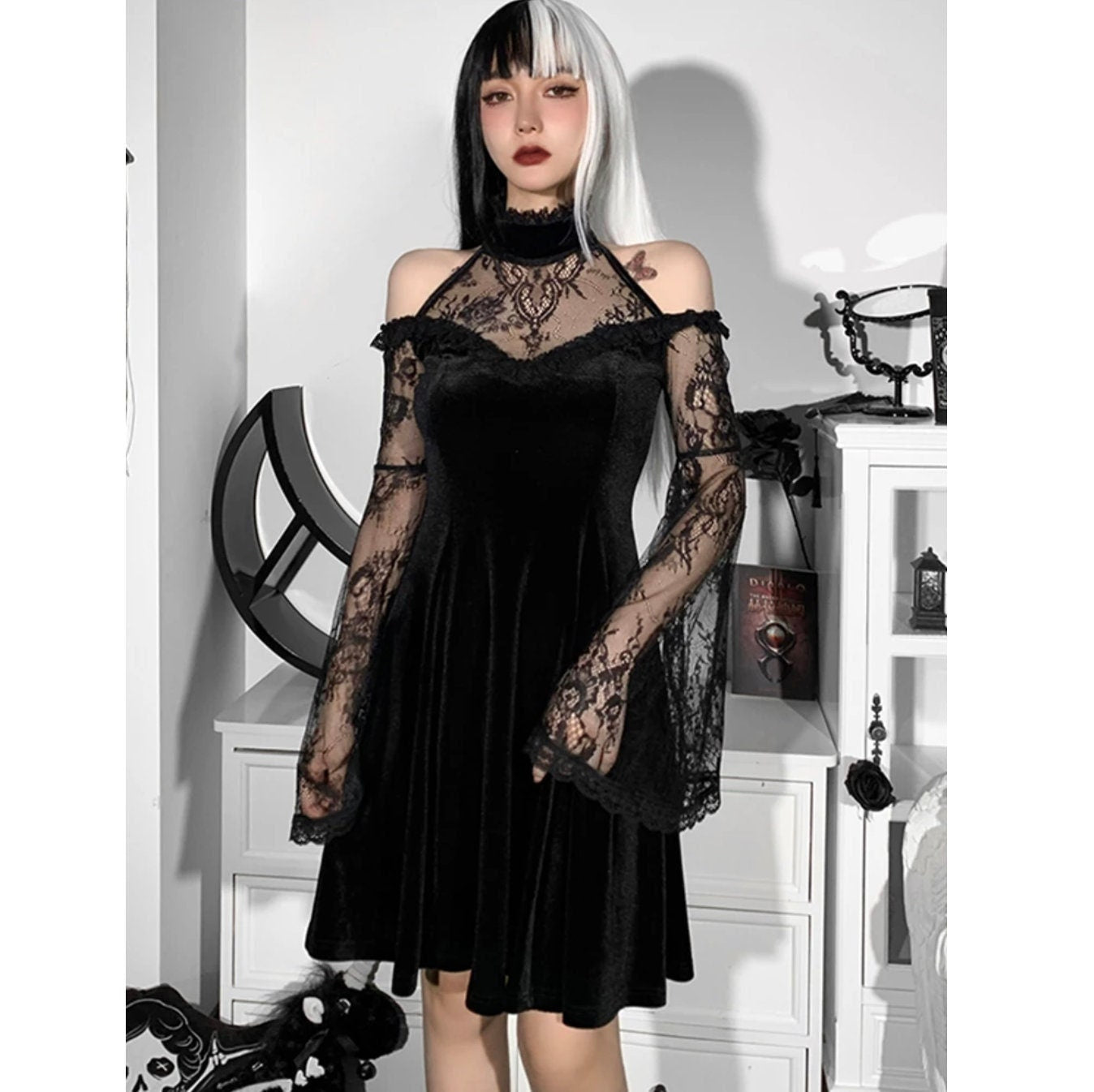 Goth dress goth clothing Gothic Sexy Off Shoulder Lace Trim Dress Aesthetic Punk Black Velvet Flare Sleeve Mini Fairy Grunge Ruffle Dress # 105