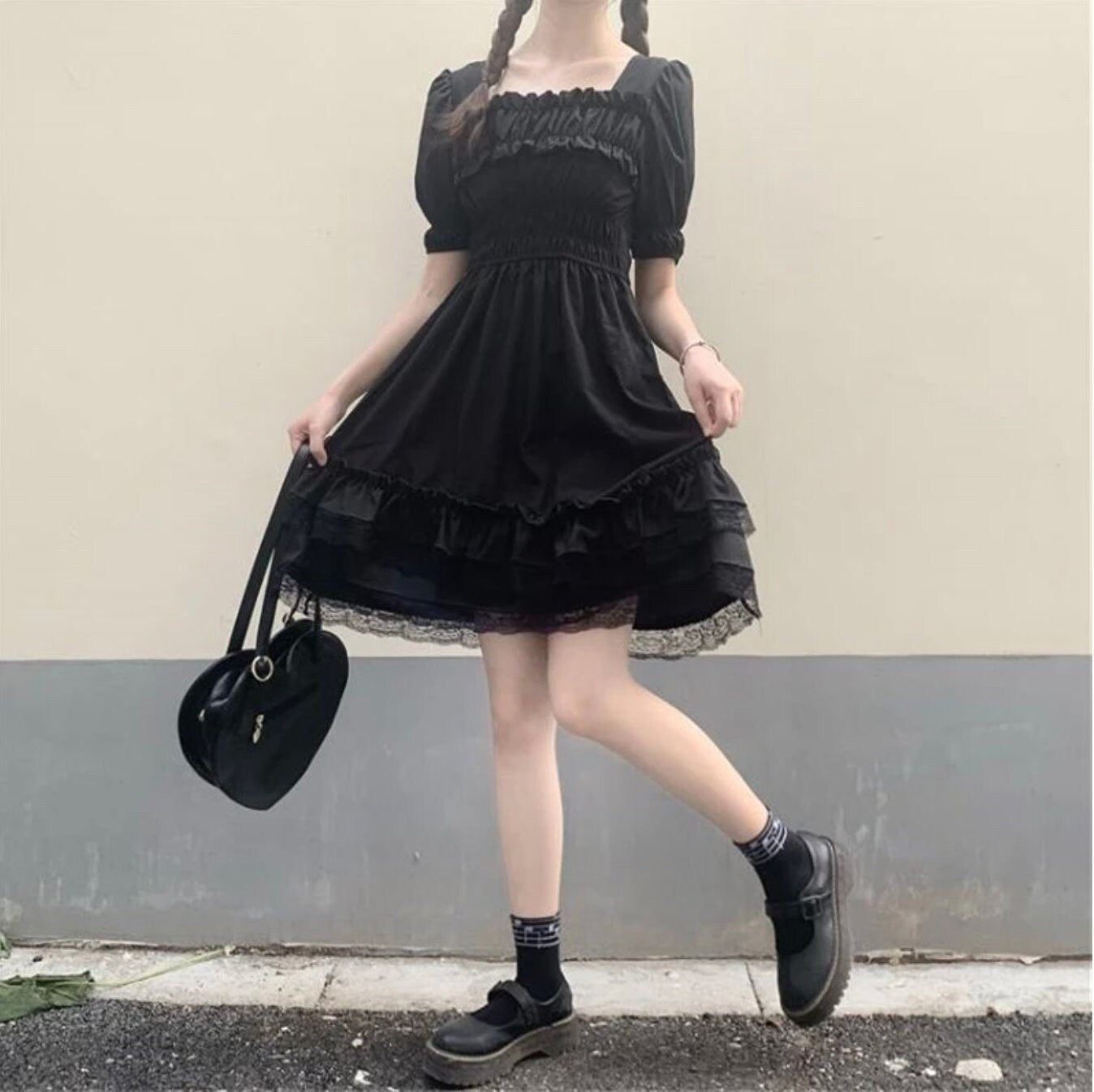 Ghort gothic dress Japanese Lolita Style Women Princess Black Mini Dress Neck High Waist Gothic Dress Puff Sleeve Lace Ruffles Party Dresses # 110