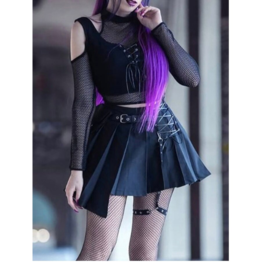 Bimbo emo Goth Dark Fishnet Cut Out Women Sexy Halter T-shirts Mall Gothic Grunge Black Bandage Crop Tops Punk Open Shoulder Alt Clothing # 233