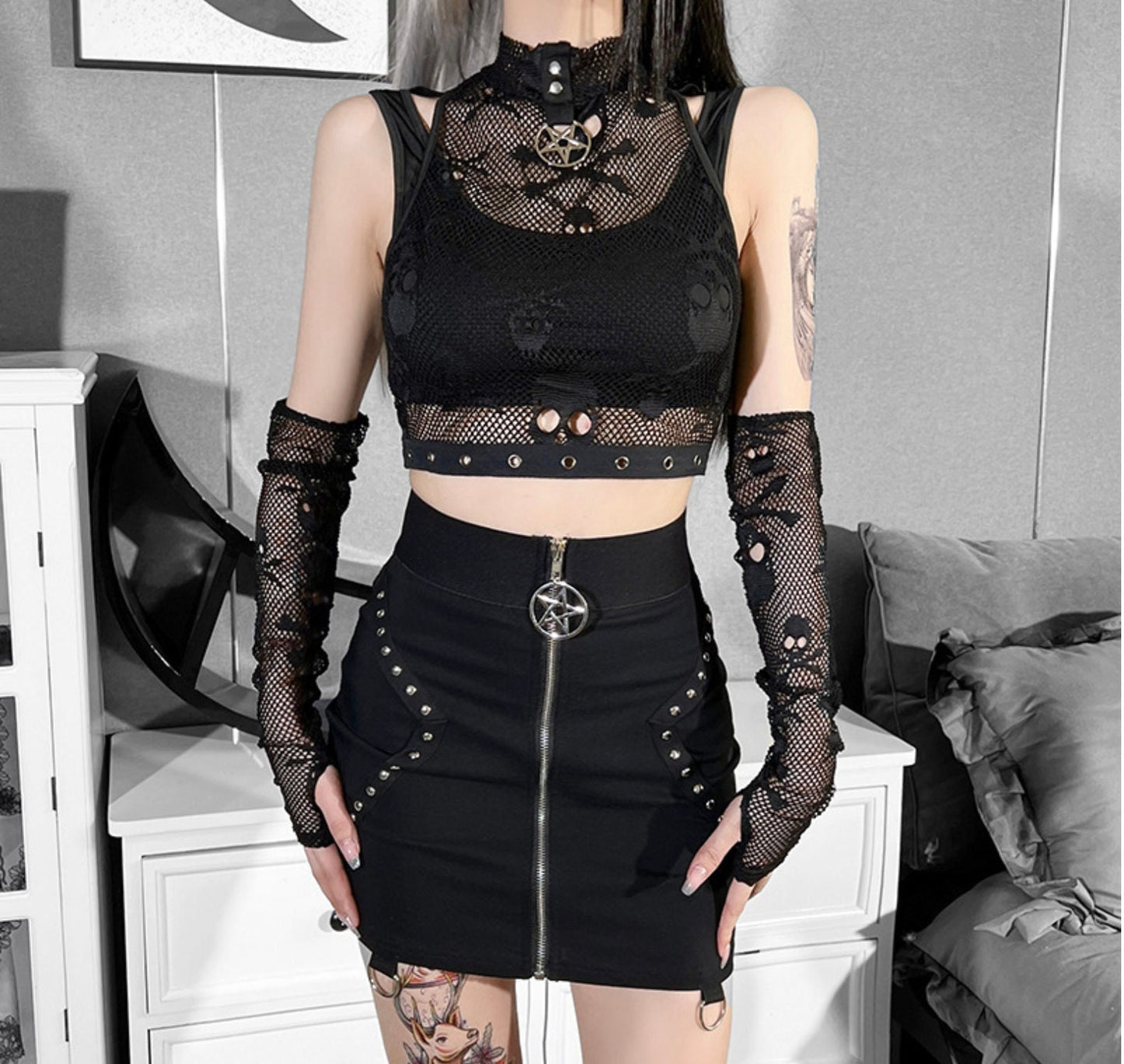 Goth bimbo sexy emo net 2 piece Gothic Skull Women Black Short T-Shirts Sexy Crop Tops Hollowed Out Bandage Tee Top Female Shirts Streetwear # 234