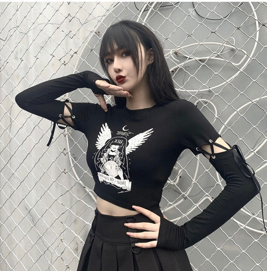 Bimbo Gothic emo cute Chic Goth Punk Patchwork Tie Hole Long Sleeves Cropped Top T-Shirt TShirt Tee Skinny Halloween Costume Harajuku # 236