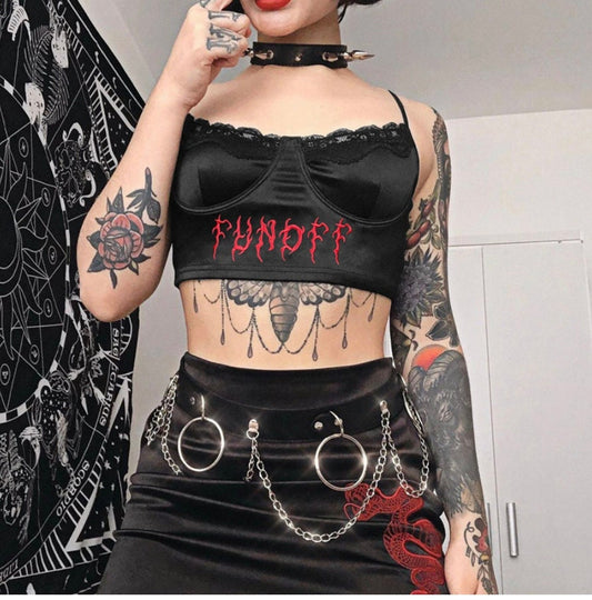 Goth emo Gothic Punk Black Lace Frill Crop Top Summer Backless Spaghetti Strap Camisole Tee Women Embroidery Letter Vest Harajuku blood # 238
