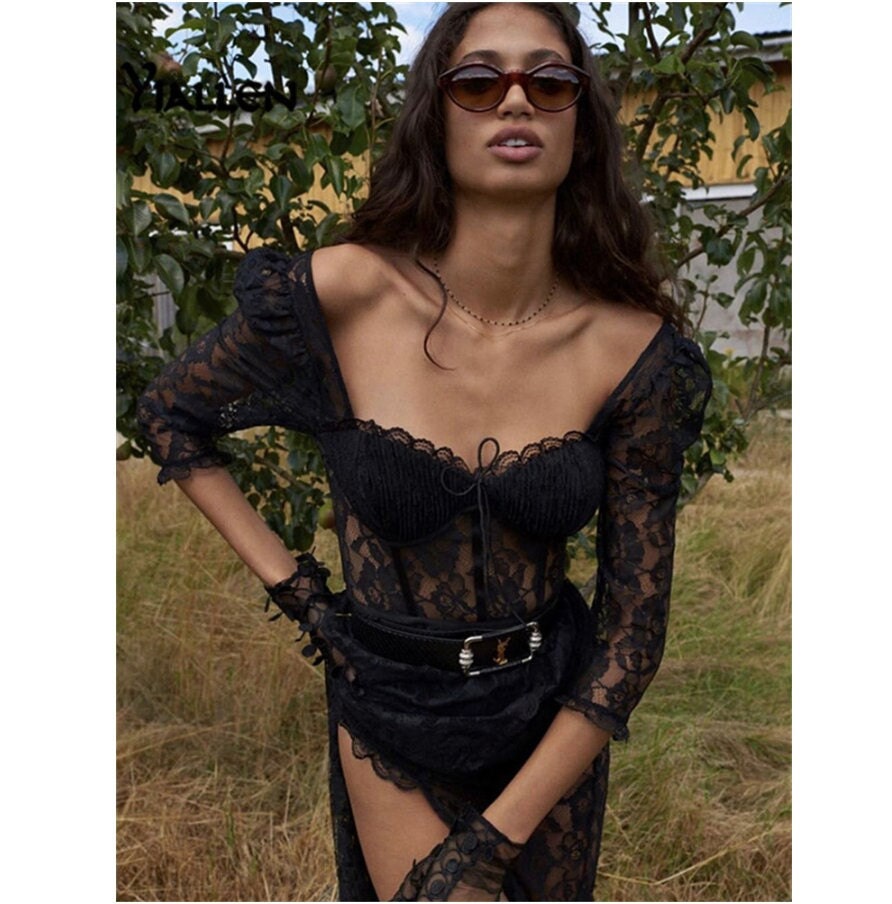 Black lace emo gothic Lacey Fashion Casual Slim Solid Removable Sleeves Halter T Shirt For Women New Streetwear Wild Basic Female Top Hot # 151