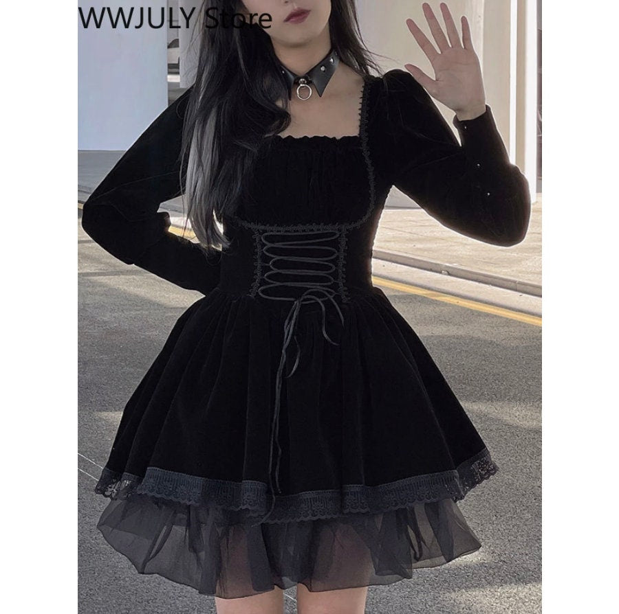 Goth bimbo black emo dark lacey little black dress Black Velvet Y2k Mini Dress Woman Gothic Kawaii Lolita Dress Party Long Sleeve Dress Lace  # 143