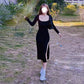 Gothic goth bimbo emo lolita soft bimbofication little black dark Long Sleeve Dress Mid-calf Black Retro Slim Sexy Vintage Slit Stretchy # 73