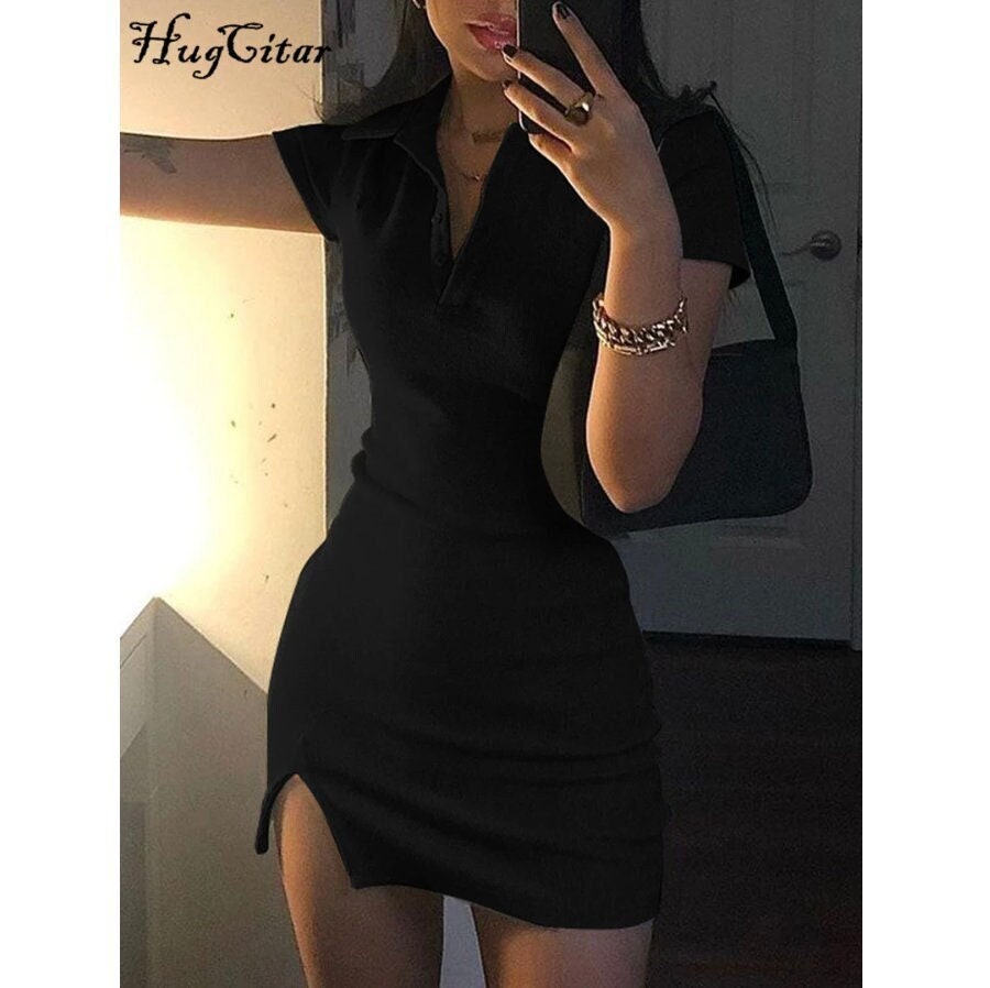 Gothic cute goth bimbo fancy causal Short Sleeve Slit Sexy Mini Dress Summer Women Fashion polo dress Outfits Cute Solid Y2K Party Clothing # 47