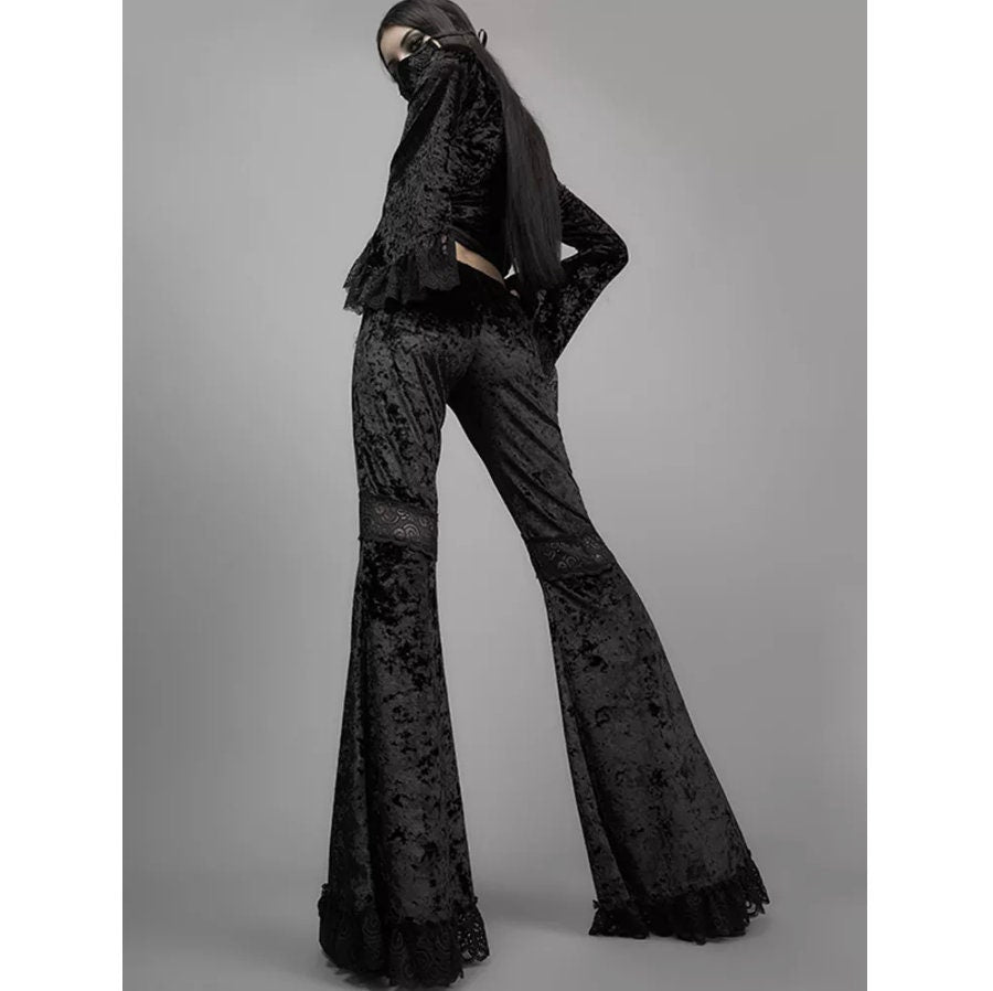 Bimbo InsGoth Mall Goth High Waist Flared Pants Aesthetic Sexy Lace witch dark lace Trousers black Vintage Elegant Velvet Christmas Pants # 198