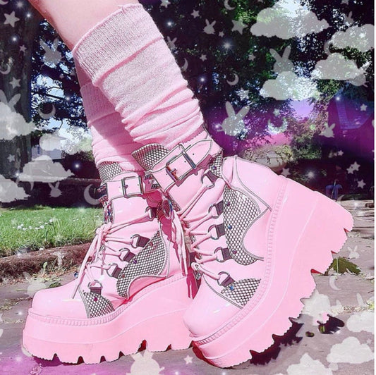 Goth bimbo gothic pink platform boots alt Lace Up Buckle Strap Metal Design Platform Wedges Boots Women Sugar Pink Goth Shoes Woman Sweet # 24