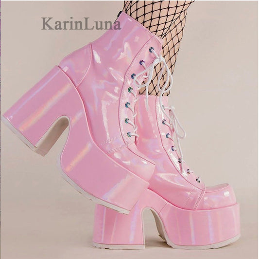 Pink platform boots bimbofication gothic punk goth emo bimbodoll hot Quality Gothic Platform Woman Boots Casual Cosy Woman Shoes Ankle Boots # 35