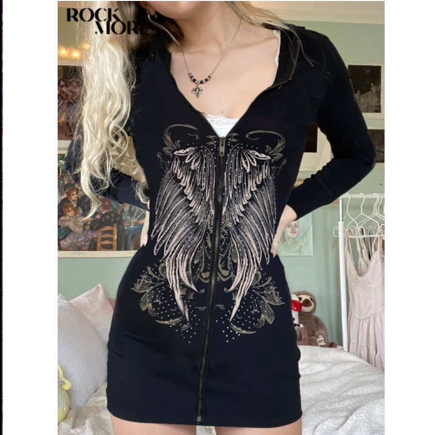 Goth bimbo punk Rockmore Goth Graphic Print Hooded Dress Dark Academic Black Zip Up Long Sleeve Bodycon Women Mini Dresses Grunge punk emo # 83