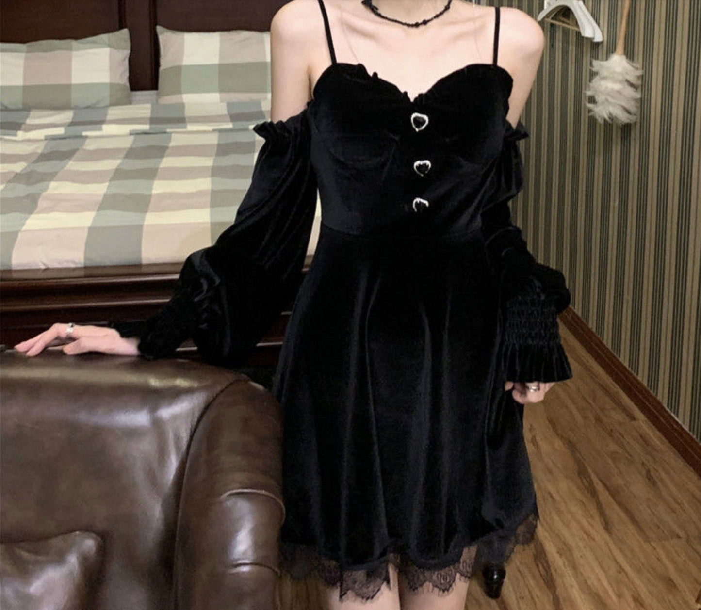 Goth bimbo Gothic Black Velvet Dress Evening Party Long Sleeve Y2k Mini Dress Women Vintage Elegant One Piece Dress Korean 2021 Autumn # 82