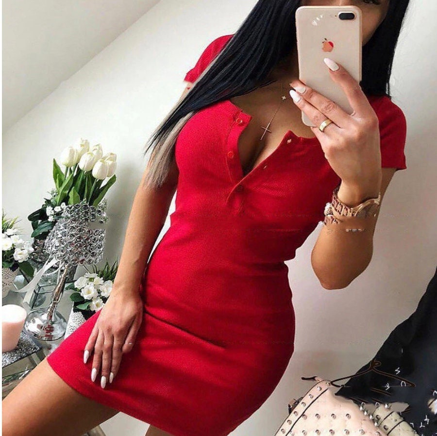 Goth bimbo busty top gothic body enhancing Dress Women Sexy Knit Mini Dresses Ladies Solid V Neck Chest Button Short Sleeve Bodycon Dress # 52