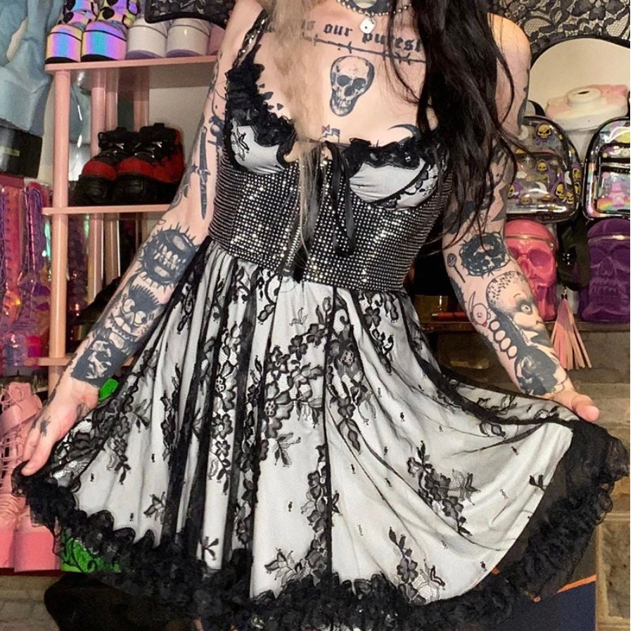 Alt dress goth dress goth clothing E-girl Grunge Gothic Black Mini Dress Lace High Waist Bodycon Y2K Women 90s Vintage Punk Lolita Clothes # 140