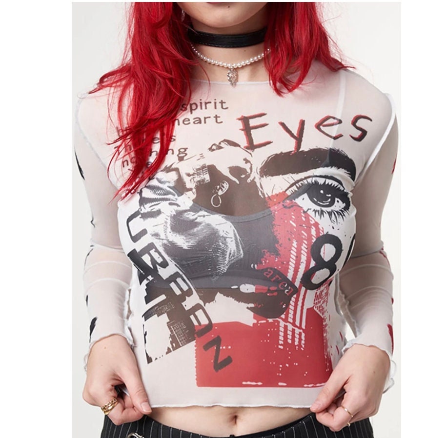 Goth punk Goth Dark Mesh Gothic Aesthetic See Through Women T-shirts Grunge Sexy Printed Bodycon Crop Tops Punk E-girl Long Sleeve Clothes # 250