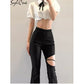 Goth bimbo goth clothing alt gothic black dark High Street Style Small High-Waisted Flared Trousers Thighs Personality Eith Hollow And Sexy # 205