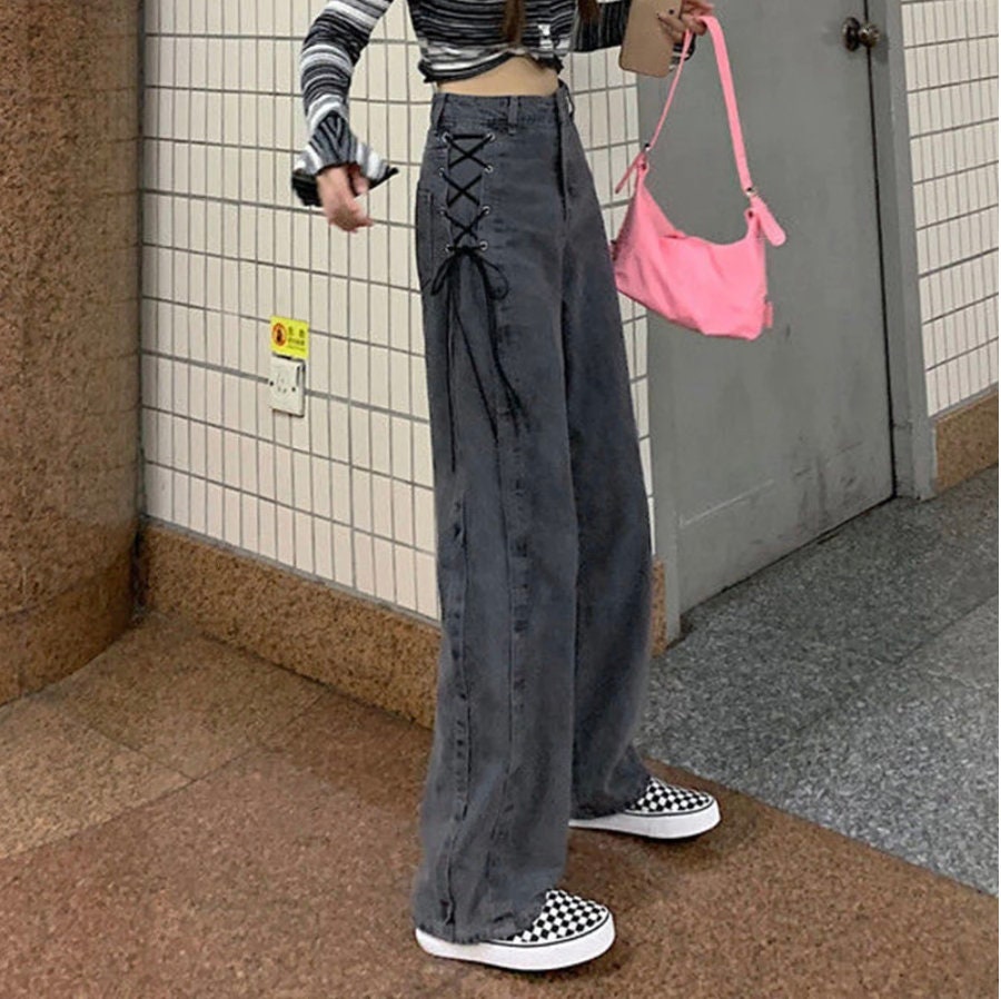 Alt punk goth clothing Gothic High Waist Jeans Women Chic Side Lace Up Wide Leg Denim Pants Female Harajuku Y2K Streetwear Straight Trousers # 200