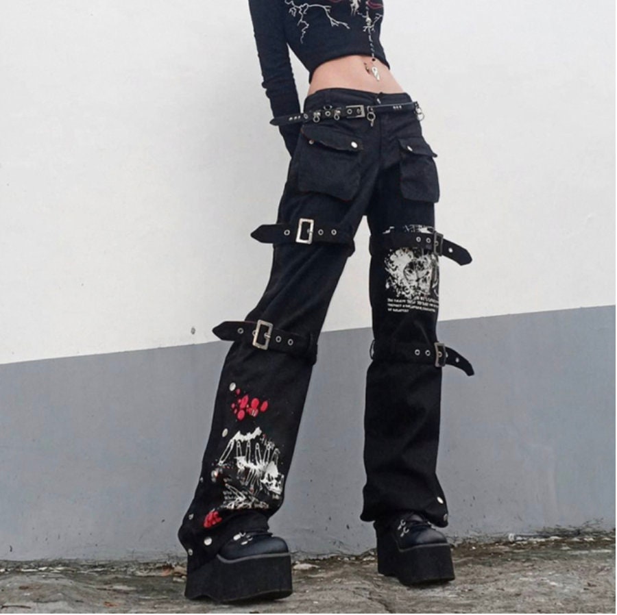 Gothic Emo Alt Cargo Pants Techwear Hippie Baggy Jeans Mom Goth Punk Black Denim Trousers alt Y2k Pants Academic Dark Clothes skater punk # 191