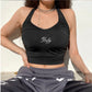 Goth bimbo E-girl Aesthetics Ruched Backless Halter Tops women Y2K Streetwear Letter Embroidered Sleeveless Black Tank Tops Gothic Vests # 260