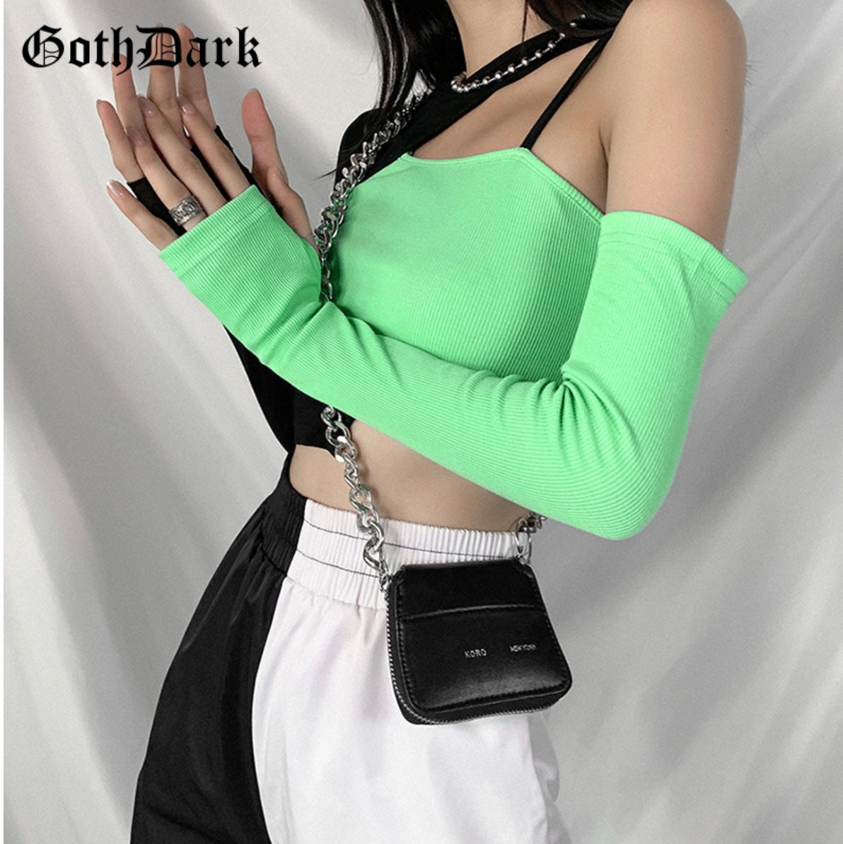 Gothic greeen balck Goth Dark Y2k Punk Patchwork E-girl Style T-shirts Gothic Color Hip Hop Hollow Out Backless Top Techwear Streetwear # 261