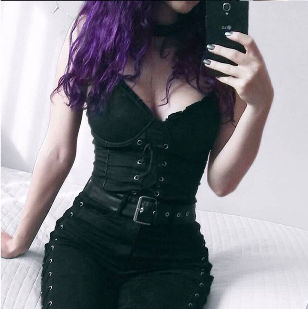 Gothic clothing goth Mall Goth V Neck Strap Corset Top goth bimbo Lace Up Punk Style Crop Top Ruffles Slim Summer Tops Female Gothic Clothes # 72