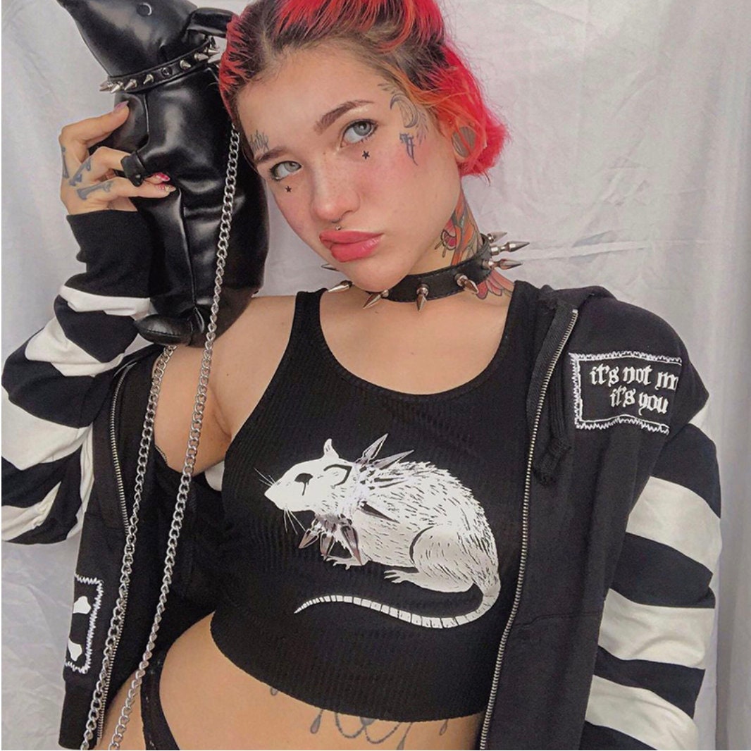 Gothic tops punk rat Grunge Mouse Print Black Tank Goth Sexy Bodycon Cropped Tops Women Streetwear Harajuku O Neck Knitted Basic Tank Top # 273