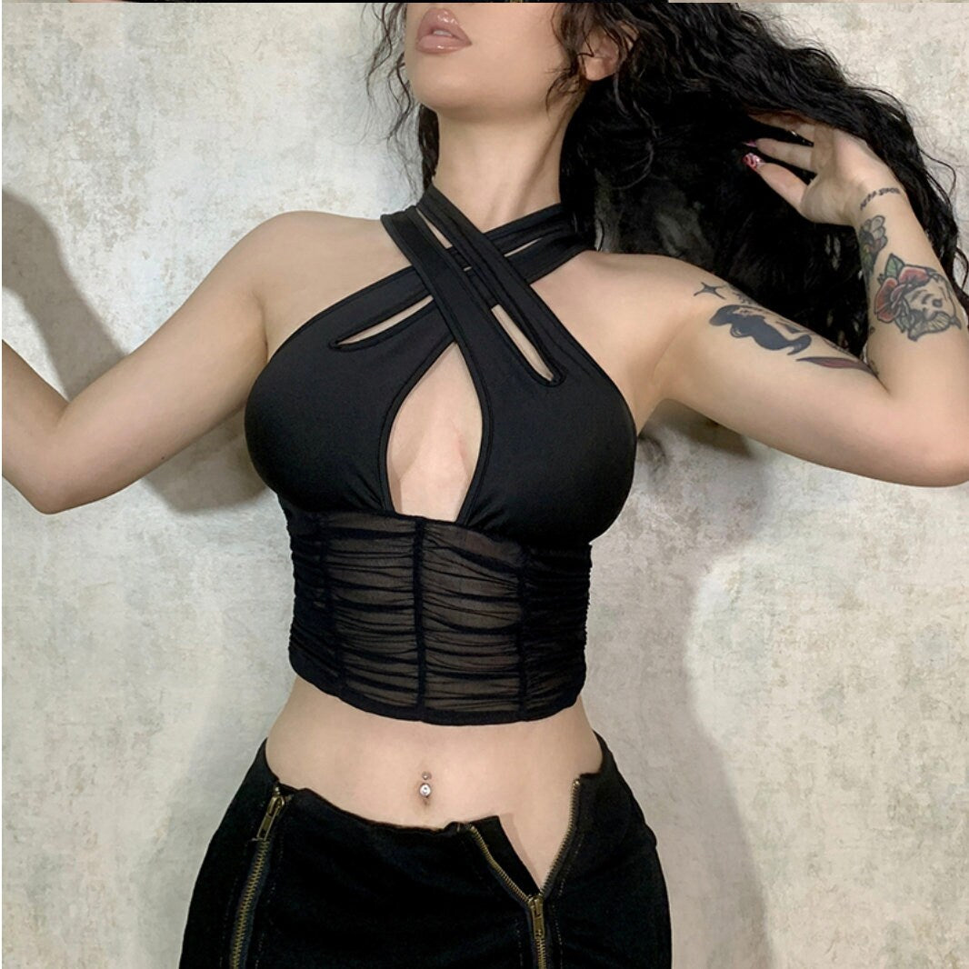 Goth bimbo sexy black top gothic goth alt Crop Top Women Mesh Ruched Skiny Tank Tops Club Party Vest Cut Out Criss-Cross Transparent Gothic