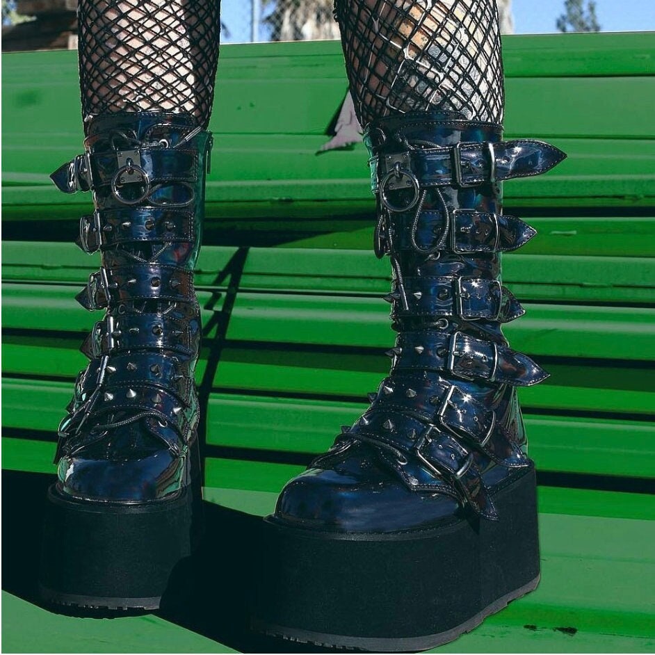 Goth Big platform boots goth combat boots Black Gothic Motorcycle Boots Zip High Heel Punk Rivets Chunky Platform Mid-Calf Boots Shoes Women  # 18