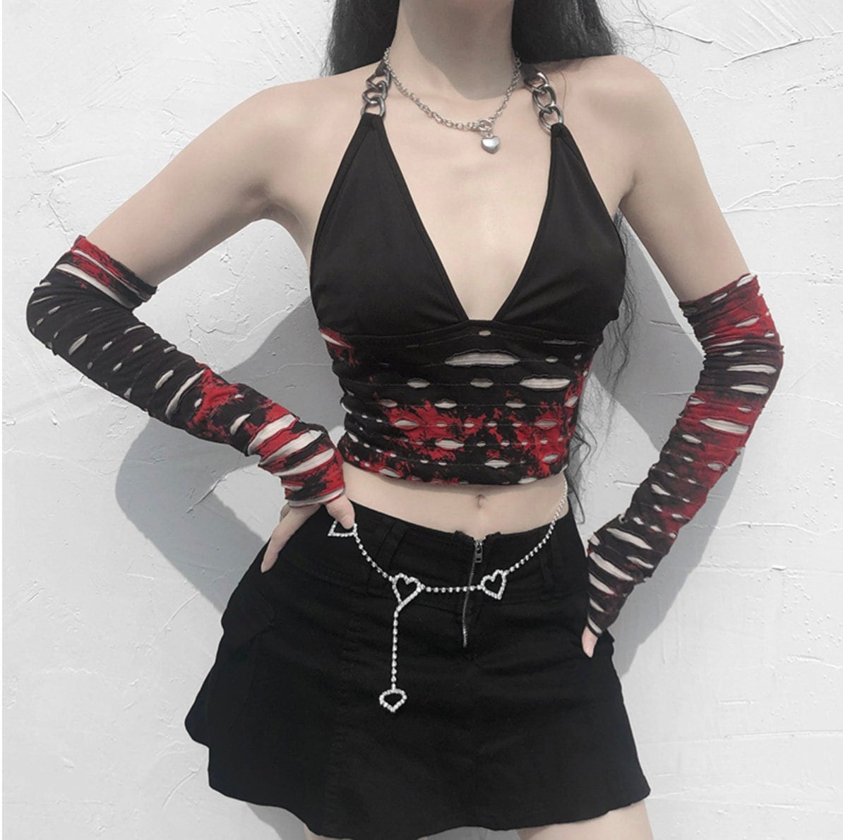 Gothic goth cut out top Fairy Grunge Print Crop Top With Arm Gloves Gothic Dark cute Vintage Corset Women Streetwear Sexy Halter Camis 2021 # 279