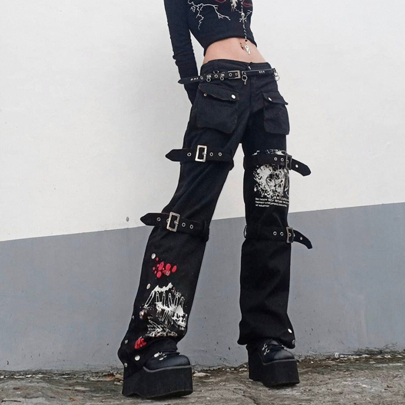 Womens Gothic Emo Alt Cargo Pants skater edgy alt Baggy Jeans mall goth Goth Punk Black Denim Trousers Cyber Y2k Pants Academic Dark Clothes # 201