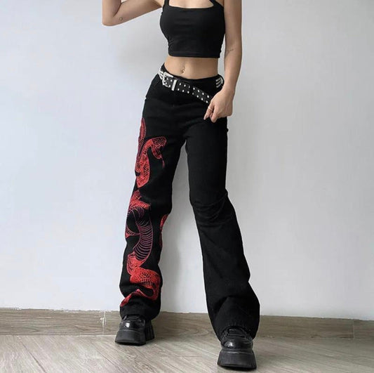Red Snake gothic goth clothing Baggy Jeans Woman High Waist Hip Hop Denim Trousers Dark Gothic emo alt mall goth Cargo Pants 90s Y2K Jeans # 197