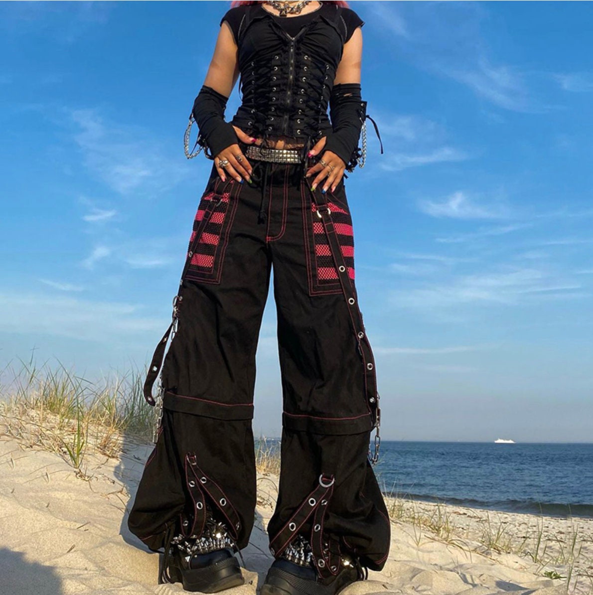 Gothic Chain Bandage goth clothing punk alt edgy mall goth Wide leg Pants Women Oversize Low Rise Dark Trousers 90s Baggy Pant Punk Style # 202