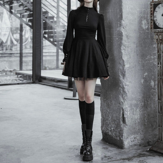 Gothic Black Pleated Dress goth dress gothic clothing gothic dress Lolita Frock Autumn Egirl Bandage Emo Alt Buttons Y2k Party Jurken Cyber # 95