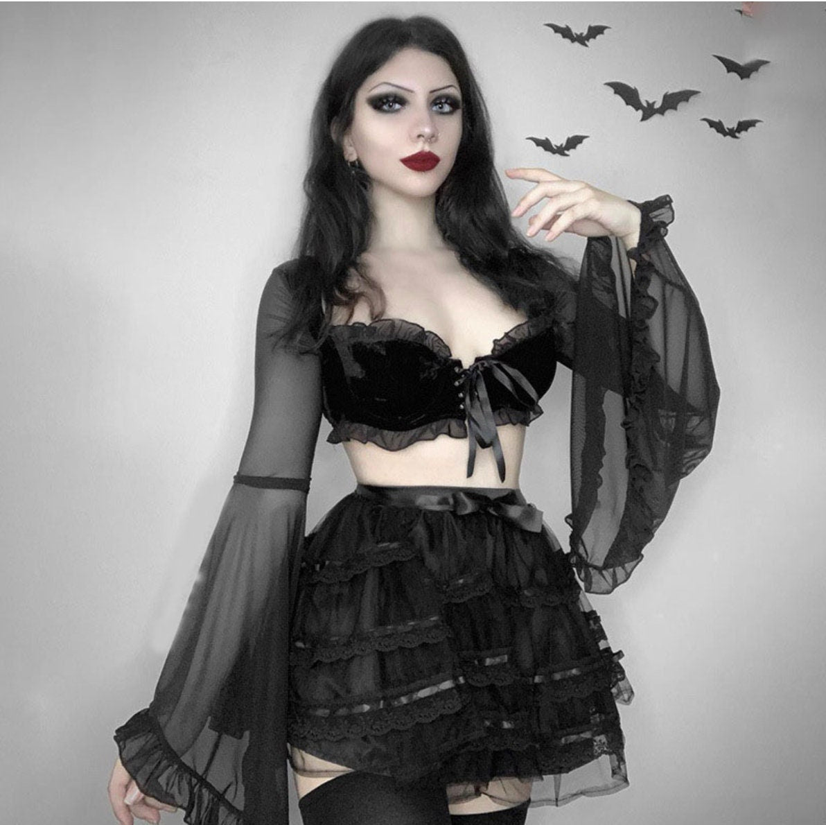 Gothic goth Sexy Women Gothic Crop Top Flare Long Sleeve Lace Patchwork Black T-shirt Retro Bodycon Female V-neck Slim Tops Chiffon Blouse # 283