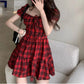 Goth gothic flannel Red Plaid Dress Women Summer Backless Grunge Puff Sleeve Sundress Gothic Bandage Mini Dresses Sexy Vintage Streetwear  # 99
