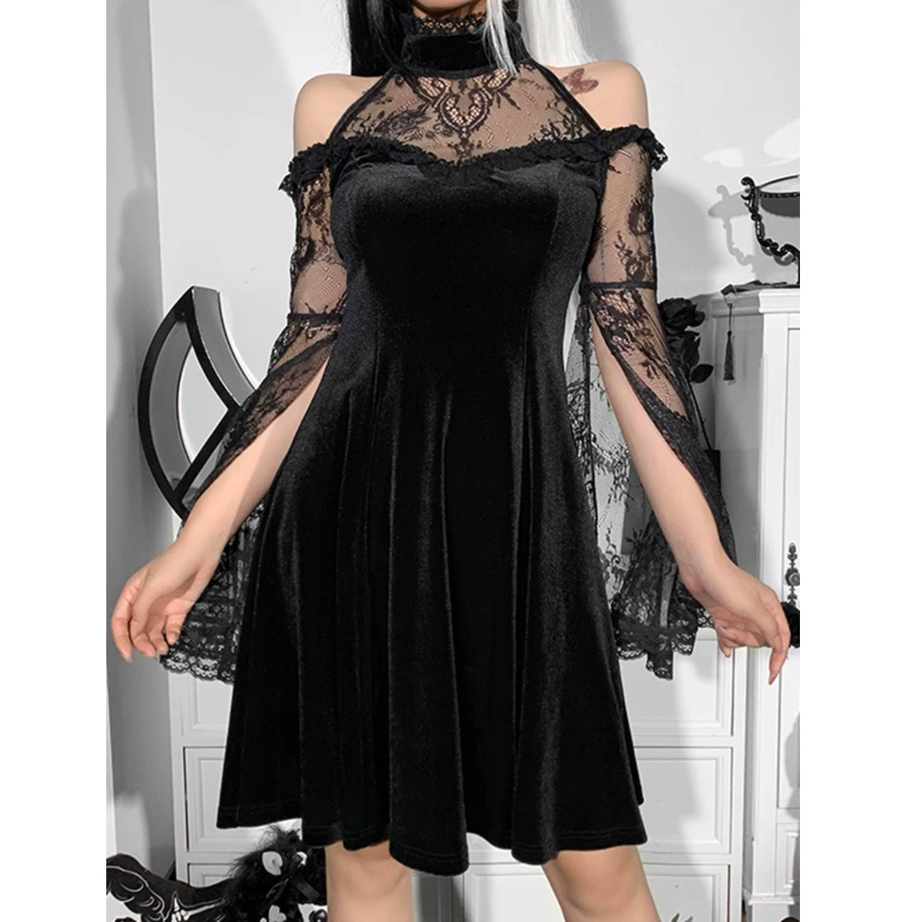 Goth dress goth clothing Gothic Sexy Off Shoulder Lace Trim Dress Aesthetic Punk Black Velvet Flare Sleeve Mini Fairy Grunge Ruffle Dress # 105