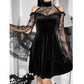Goth dress goth clothing Gothic Sexy Off Shoulder Lace Trim Dress Aesthetic Punk Black Velvet Flare Sleeve Mini Fairy Grunge Ruffle Dress # 105